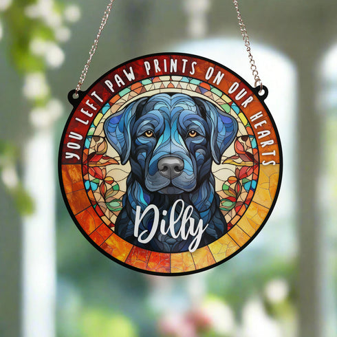 Labrador Black Paw Print Heart Stained Glass Effect Suncatcher